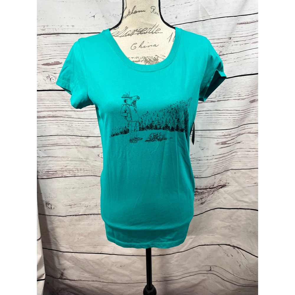 Eastern Mountain Sports Womens T Shirt Moose‎ Graphic Organic Cotton Teal Size M